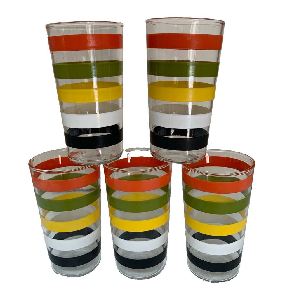 Vintage Anchor Hocking Fiesta Banded Striped Glass Tumblers 8.5 ounce Set of 5